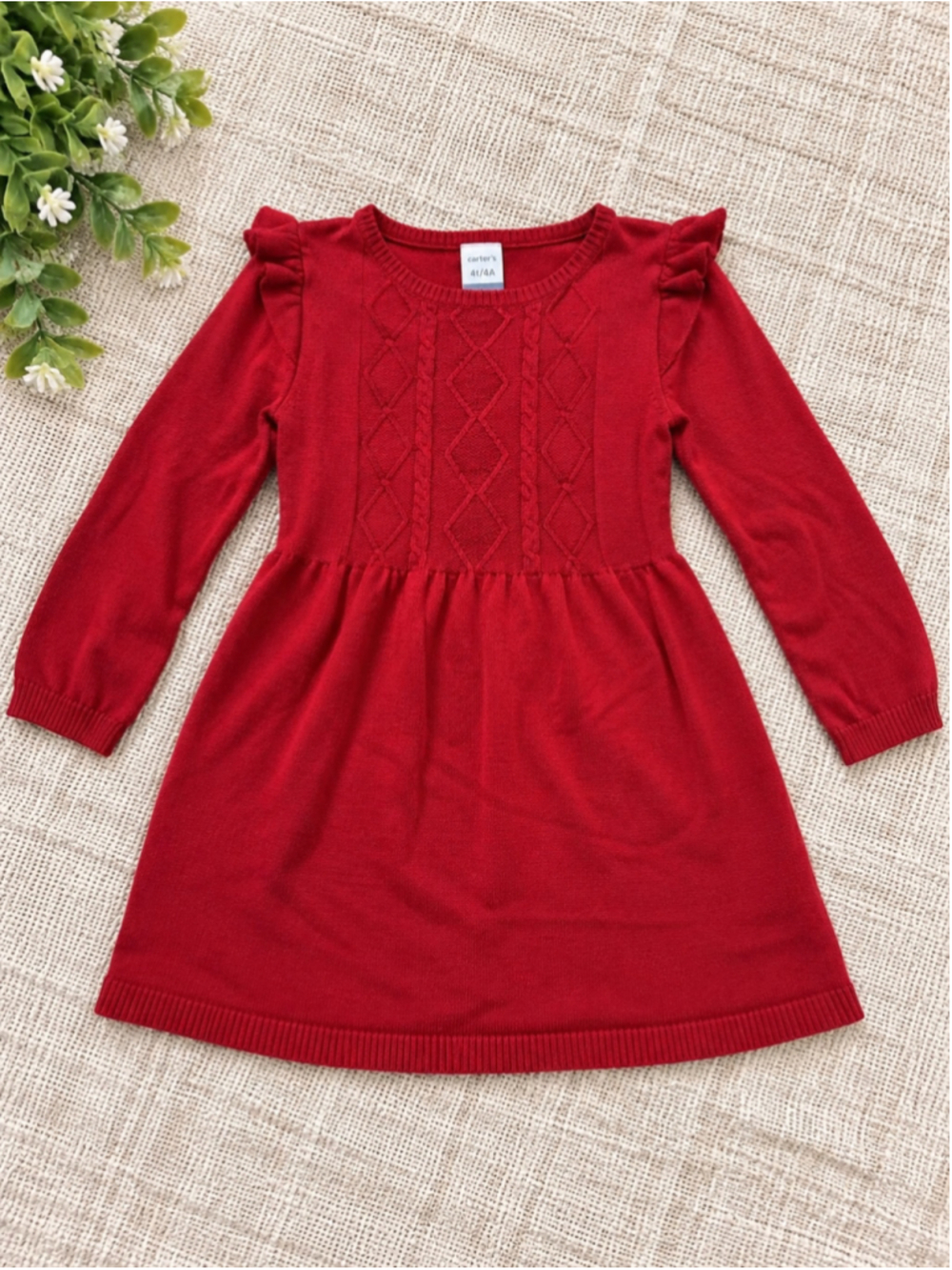 Carter's 4T Red Cable Knit Ruffle Sweater Dress Holiday Christmas